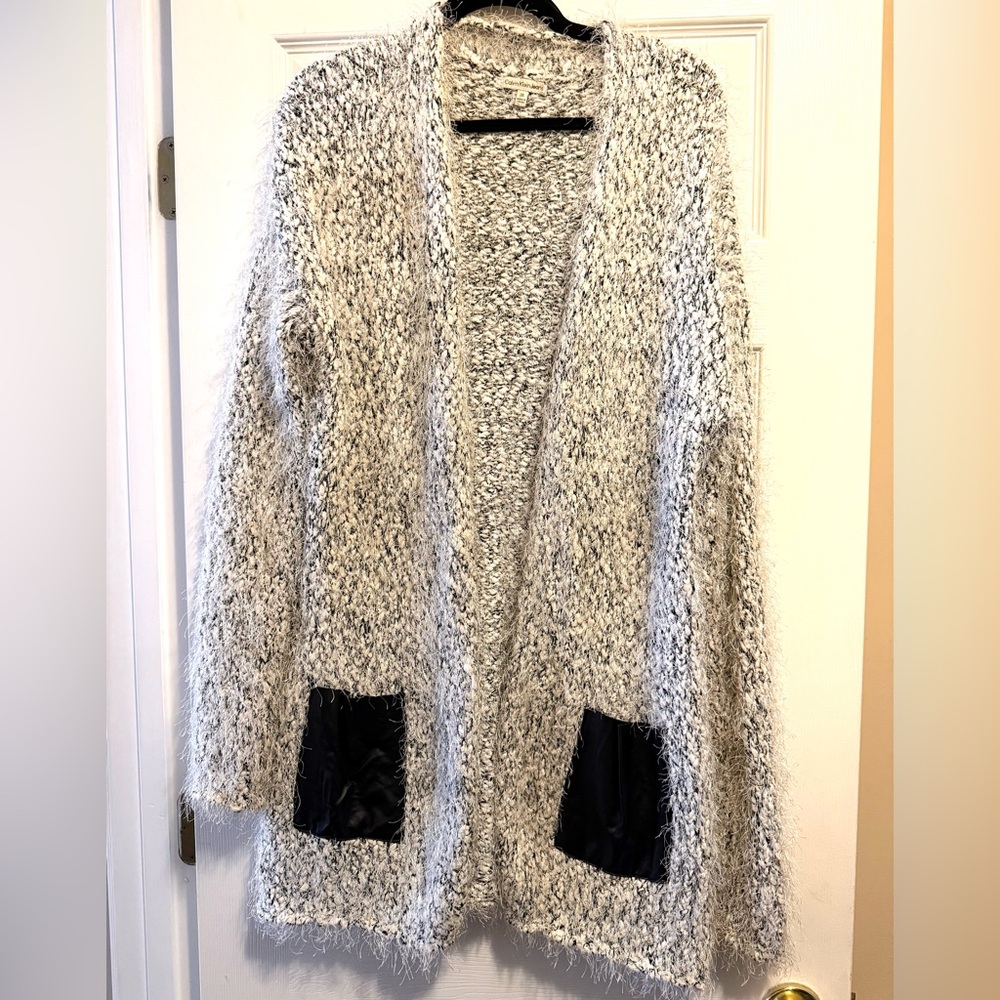 Calvin Klein Jeans Black & White Bouclé Cardigan with Black Leather Pockets